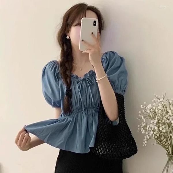 Blusas de mujer Blusa para mujer Pliegues Moda coreana Blusas Femininas Lace-up Peplum Puff-sleeve Ruffles 2023 Summer Sweet Drop