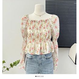 Blouses pour femmes pour femmes carrés collier imprime extensible plis mousseline blusas mujer français chic pochette camisa drop d'été