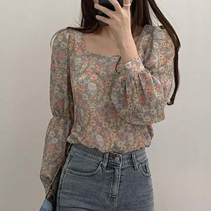 Blouse blouse dames blouse vrouwen schattige top bloemenprint jonge vierkante nek puff mouw mooie dames voor werkkleding mode Koreaanse stijl