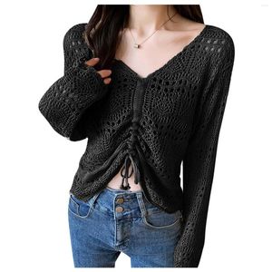 Chemisiers pour femmes Chemisier Femmes Style coréen Tricoté Évider Boho Sheer Froncé Tops À Manches Longues Flowy Crochet Cordon Élégant Pull