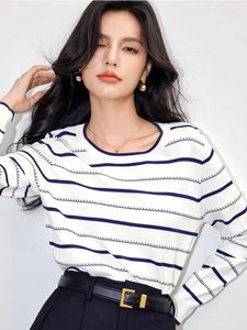 Blouses pour femmes Top tricoté à rayures bleues et blanches pour style automne de printemps