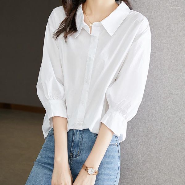 Blouses Femmes Chemise boutonnée bleue Femmes Bureau d'été Top Mode coréenne Lanterne Manches Col rabattu Femme Blanc Coton Blouse ample