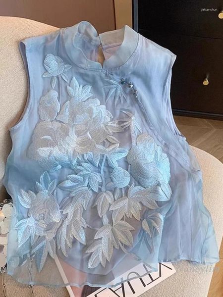 Blouses pour femmes Bleu Machine de style chinois Broderie Seck Diagonal Stand Collar Murffon Shirt 2024 Summer National Sans Sans Shevel Top