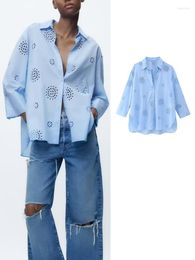 Damesblouses Blauw borduurshirt Dames uitgehold Oversized dames casual overhemden met lange mouwen en voor zomertop