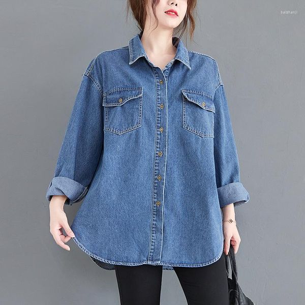 Blusas de mujer Camisa de mezclilla de doble bolsillo de moda azul para mujer Turn Down Collar Casual BF Style Jeans Tops Cárdigan de primavera de manga larga