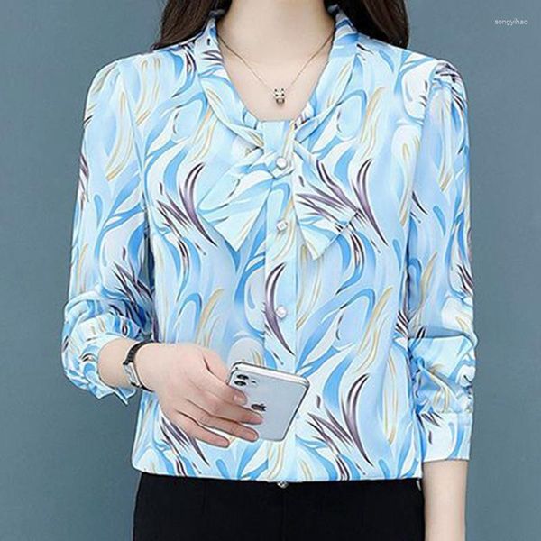 Blusas de mujer Camisa de chifón con estampado de moda azul Blusa elegante de estilo coreano 2023 Cuello de pajarita de manga larga Casual para mujer