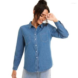 Chemisiers pour femmes Blue Jeans Blouse Femmes 2023 Automne Casual Turn-down Col À Manches Longues Baggy Top Femme Vintage Single Breasted Denim Shirt