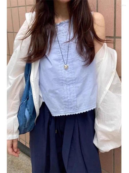 Blouses pour femmes en dentelle bleue rond à cou buste à dos