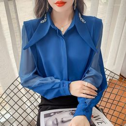 Camicette da donna Camicetta patchwork in maglia a maniche lunghe blu Camicie da donna Camicia abbottonata vintage francese francese Chic Top da donna da ufficio A455