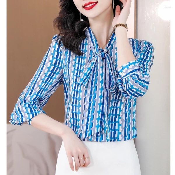Blusas de mujer, camisa de gasa de seda con dibujo de cuadros azul para primavera y otoño, blusa de manga larga con cuello de lazo de alta calidad