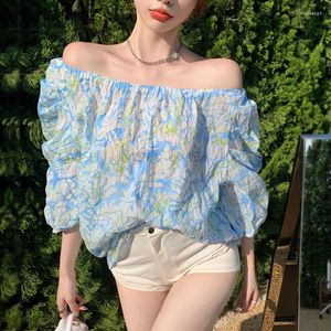 Blusas de mujer Azul Impreso Floral Manga de burbuja Un hombro Halter Blusa de mujer Vacaciones Playa Camisa de protección solar Moda de verano 2022