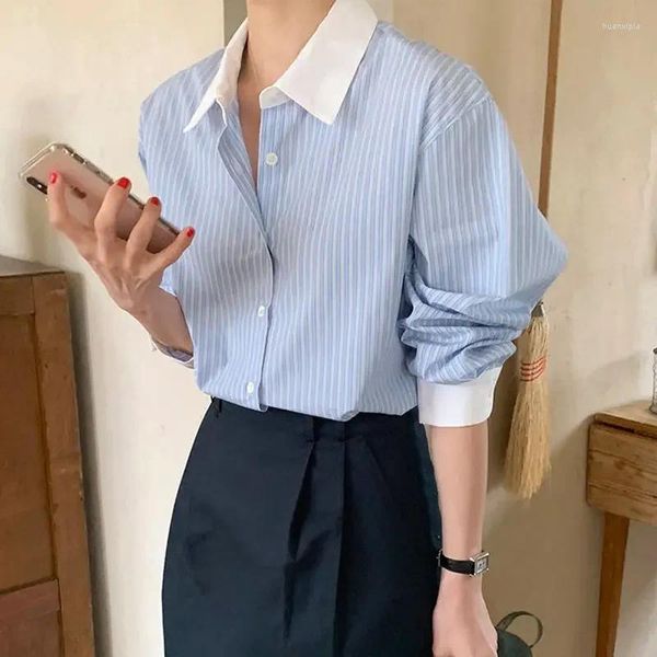 Blusas de mujer a rayas azules, estilo coreano, elegante, aspecto de oficina, camisas informales de manga larga, Top rosa, ropa femenina para trabajar