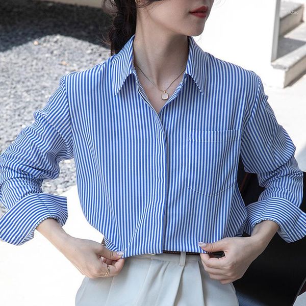 Blusas de mujer Camisa con botones a rayas blancas y azules para mujer 2023 Otoño Casual Manga larga Camisas con cuello vuelto Oficina Señora Trabajo de negocios