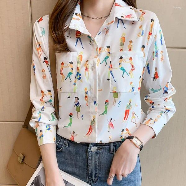 Blusas de mujer Blusa femenina de manga larga para mujer estilo coreano estampado de personajes de dibujos animados Blusa informal de oficina camisas de S-3XL