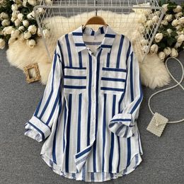 Women's Blouses Blusa Informal de Talla Grande Con Estampado Rayas Para Mujer Camisa Manga Larga Botones y Cuello Vuelto