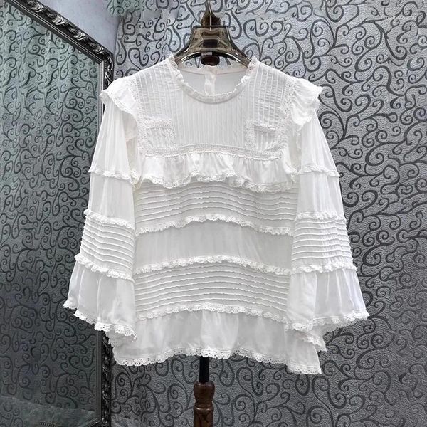 Blouses pour femmes Blusas Feminino 2024 Coton de mode de printemps Coton de haute qualité Broderie en dentelle en cascade Ruffle Floral blanc noir
