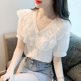 Women's Blouses Blusas Femme Tops Women Turn Collar Blouse 2023 Summer White Short Sleeve Chiffon Shirt