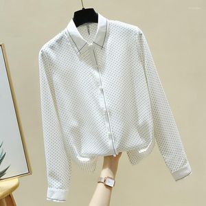 Femmes Blouses Blusas Mujer De Moda 2023 À Manches Longues Dot Blanc En Mousseline De Soie Blouse Chemise Dames Tops Femme Vêtements Col Rabattu Bureau Femme