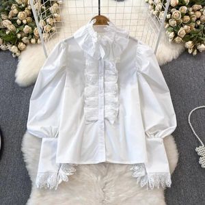 Blouses des femmes Blusas Mujer de Moda 2024 Spring Stand Neck Lace Patchwork Lantern Shirts SHITT