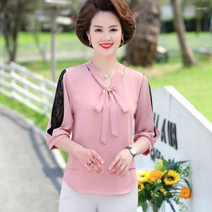 Dames blouses blusas mujer de moda blouse vrouwen korte mouw v-neck polka dot boog 3/4 kanten chiffon tops 2023