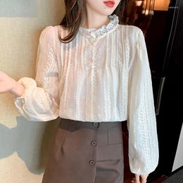Blusas de Mujer Blusas Mujer Color sólido 2023 versión coreana volante bordado hueco linterna camisa de manga larga blusa Mujer Tops 169B