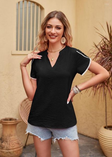 Blusas de mujer Blusas Mujer Sólido Cuello en V Camisas de gasa Elegante Blusa de manga corta de encaje Sexy Lady Casual Wrinkle Tops