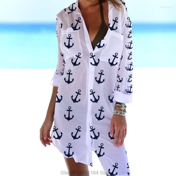 Blusas de mujer con estampado de ancla de barco, blusas sexis con botones y bolsillos, blusa de manga larga con cuello vuelto para playa, blusa holgada de verano con protección solar
