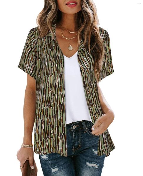 Blouses pour femmes Bohemian Beach Holiday Chemit Blouse femme Fashion Short Sleeve Button Shirts Summer Casual Loose Striped Print Blusas Tops