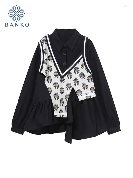 Blouses de femmes Bohemian Floral Femmes confortables Polo-Neck Crop Top Spring Summer Office coréen Dame Oversize Navy Shirts Streetwear Gothic
