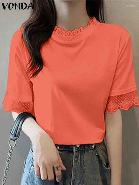 Blouses pour femmes Bohemian Lace Patchwork Blouse Vonda Femmes Tops Elegant Color Color Shirts 2024 Casual O Neck Tunique Loose Short Sleeve