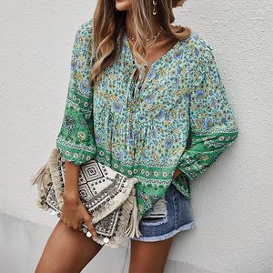 Blouses pour femmes Style bohème imprimé fleuri femmes Blouse mode à lacets col en V chemises amples 2023 printemps été décontracté Blusa femme