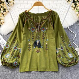 Blouses pour femmes Boho Cotton Blusas Ladies Vintage O-Col à manches longues Loulantes Tops Casculé et ethnique Shirts Floral Femmes