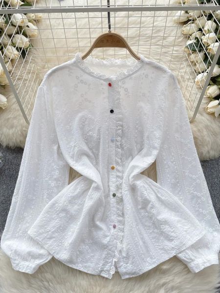 Blouses Femmes Boho Élégant Camisas De Mujer O-Cou Manches Bouffantes Chemise Blanche Femmes Crochet Évider Femelle Simple Boutonnage Tops Drop