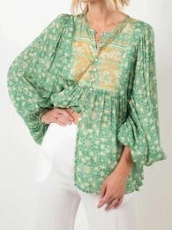 Blouses voor vrouwen Boho geïnspireerde blouse blouse vrouwen met lange mouwen groene bloemen met v-hals knoppen bovenaan zigeuner Boheemse shirts