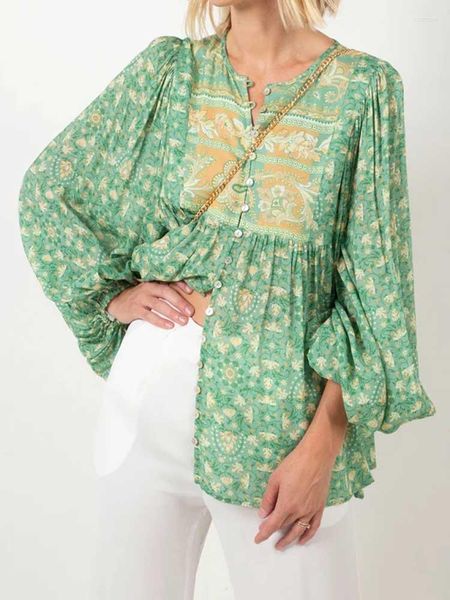 Chemisiers pour femmes Boho Inspiré Chemisier à manches longues Femmes Vert Floral Col en V Boutons Tops Gypsy Bohème Chemises