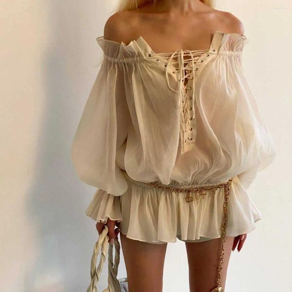 Blouses de femmes Boho Inspiré de l'épaule à manches longues Blouse Femmes Tie à décolleté à volants à l'avant