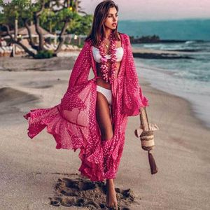 Chemisiers pour femmes BOHO INSPIRED Pink Dot Kimono Mousseline de soie à manches longues Sexy Women Cover-ups Blouse Beach Bikini Tunic Shirt Summer Tops
