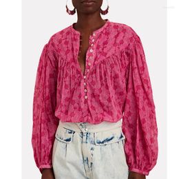 Chemisiers pour femmes Boho inspiré chemise imprimée florale rose femmes boutons col en V à manches longues coton dames élégant hauts chemisier de mode