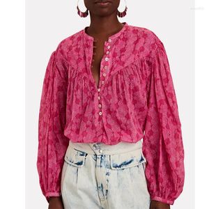 Damesblouses Boho Geïnspireerd Roze Bloemenprint Shirt Dames Knopen V-hals Lange mouw Katoen Dames Elegante Tops Modeblouse