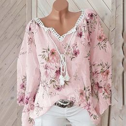 Women's Blouses Boho Lace Up Shirts Floral Long Sleeve workout Elegante V Neck Loose Pullover Tops Oversize Office Blusa Mujer Moda 2023