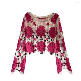 Blouses voor dames Boho losse gehaakte holle lang mouwen gebreide trui trui dames zomerronde nek t-shirt top strandgarnalen hippie