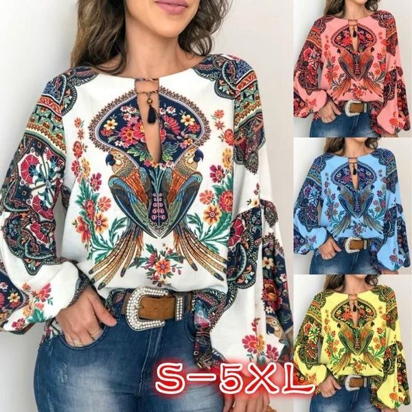 Blouses pour femmes Boho Slye Vintage Imprimer Femmes Lanterne À Manches Longues Top 2023 Printemps Vêtements Femme Casual O Cou Floral À Lacets Blouse 5XL