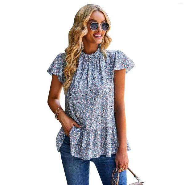 Blusas de mujer, Tops bohemios para mujer y cuello medio alto bohemio, camisa de manga corta con estampado Floral, Blusas holgadas informales con volantes para mujer 2023