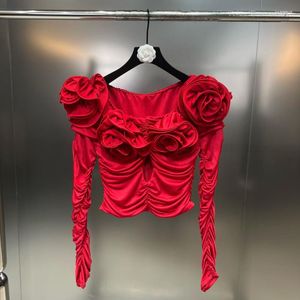 Blouses femmes BORVEMAYS 2023 printemps automne mode tendance chemise rouge fleurs tridimensionnelles tempérament femmes élégantes
