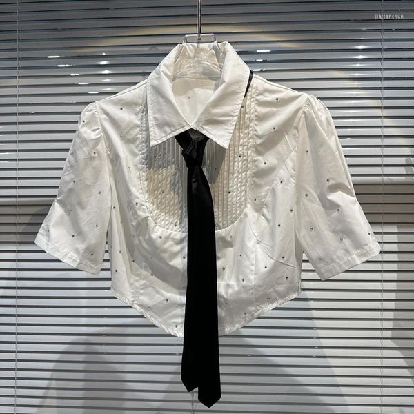 Blusas de mujer BORVEMAYS White Diamonds Corbata Camisa de manga corta Solapa de un solo pecho Thin Summer Women WZ1468