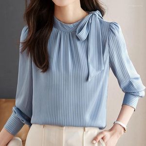 Blouses pour femmes arc élégant chemise de femmes à manches longues 2024 vêtements de mode coréens Stripe Shirts décontractés de base ol mousseline