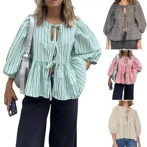 Women's Blouses Bow Betied Lace Up Shirt Women Pleats Solid Long Puff Sleeve Hollow Out O-Neck Vrouw 2024 Zomer Sweet Lady Fashion Tops