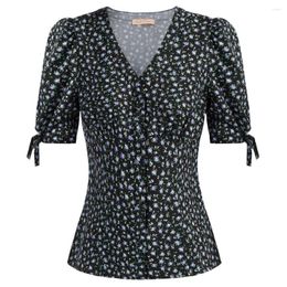 Dames Blouses BP Dames Blouse Kersen Patroon Shirt 2023 Zomer Tops Korte Pofmouwen V-hals Knoopsluiting Chemise Femme