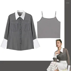 Blouses pour femmes Marque Designer Gris Chemise fine Couleur unie Perspective Mode Femme Blouse 2023 Costume deux pièces Casual Femme Tops