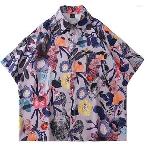 Women's Blouses Brand Vintage Purple Floral Birds Button Up Shirt For Men Women Elegant Ladies Tops Fashion Beach Hawaiiaanse korte mouw